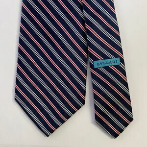 BVLGARI Navy Red Diagonal Stripe Silk Tie
